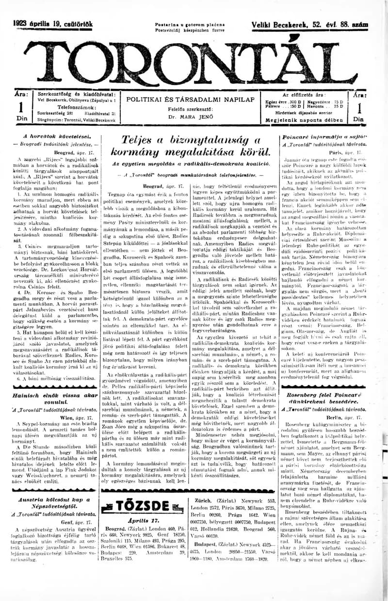 Torontál, 52. évf. 1923. április 19. 88. sz.