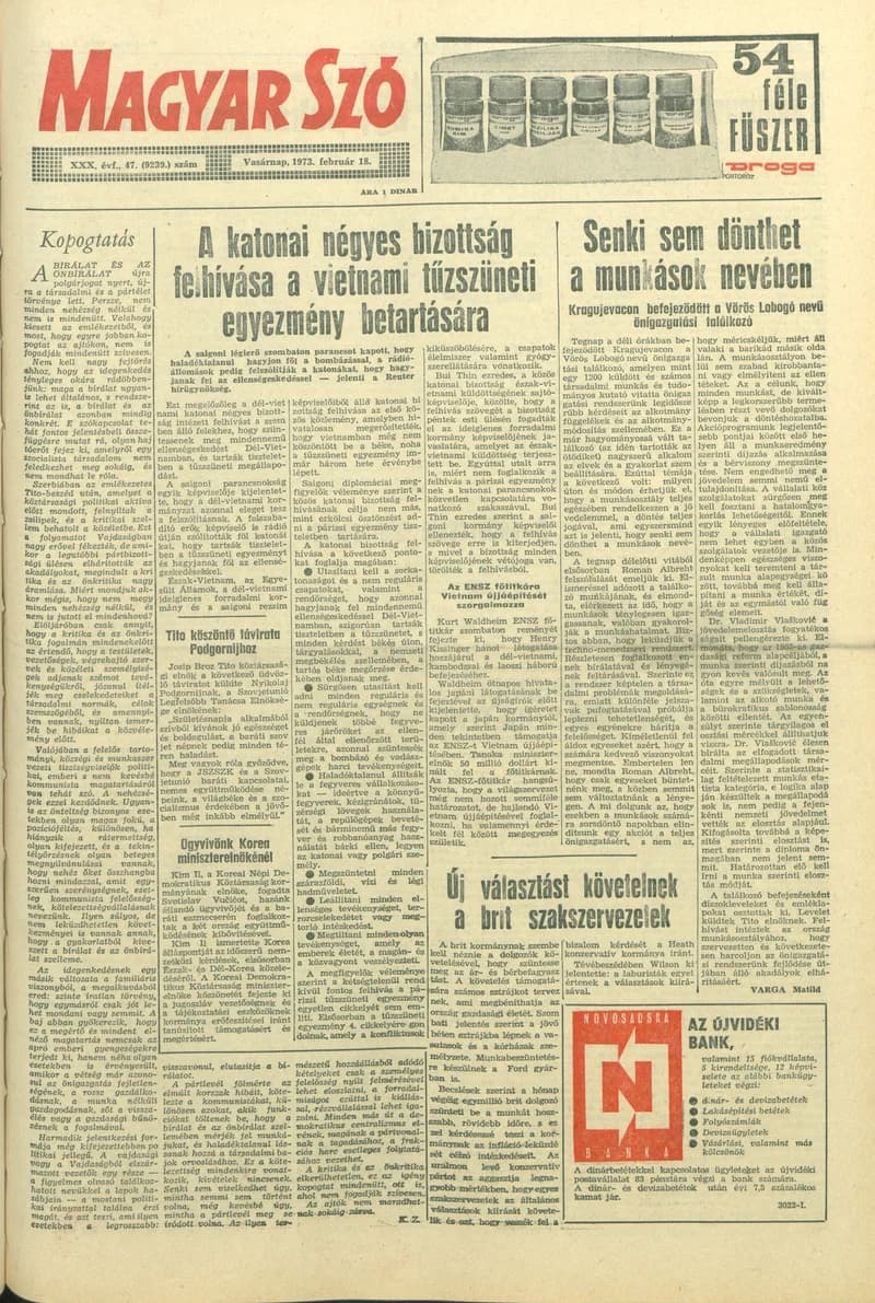 Magyar Szó, 30. évf. 1973. február 18. 47. sz. 1–32. oldal