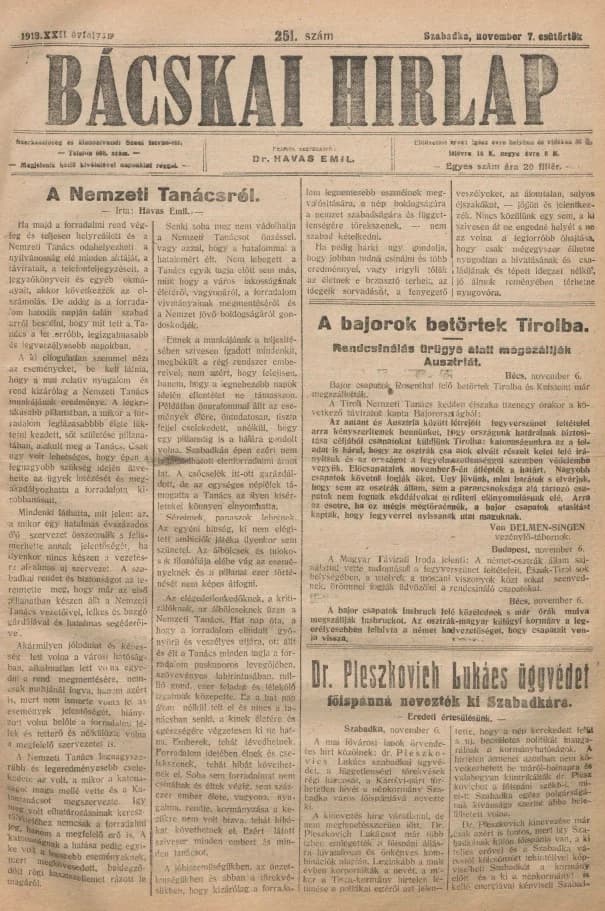 Bácskai Hirlap, 22. évf. 1918. november 7. 251. sz.