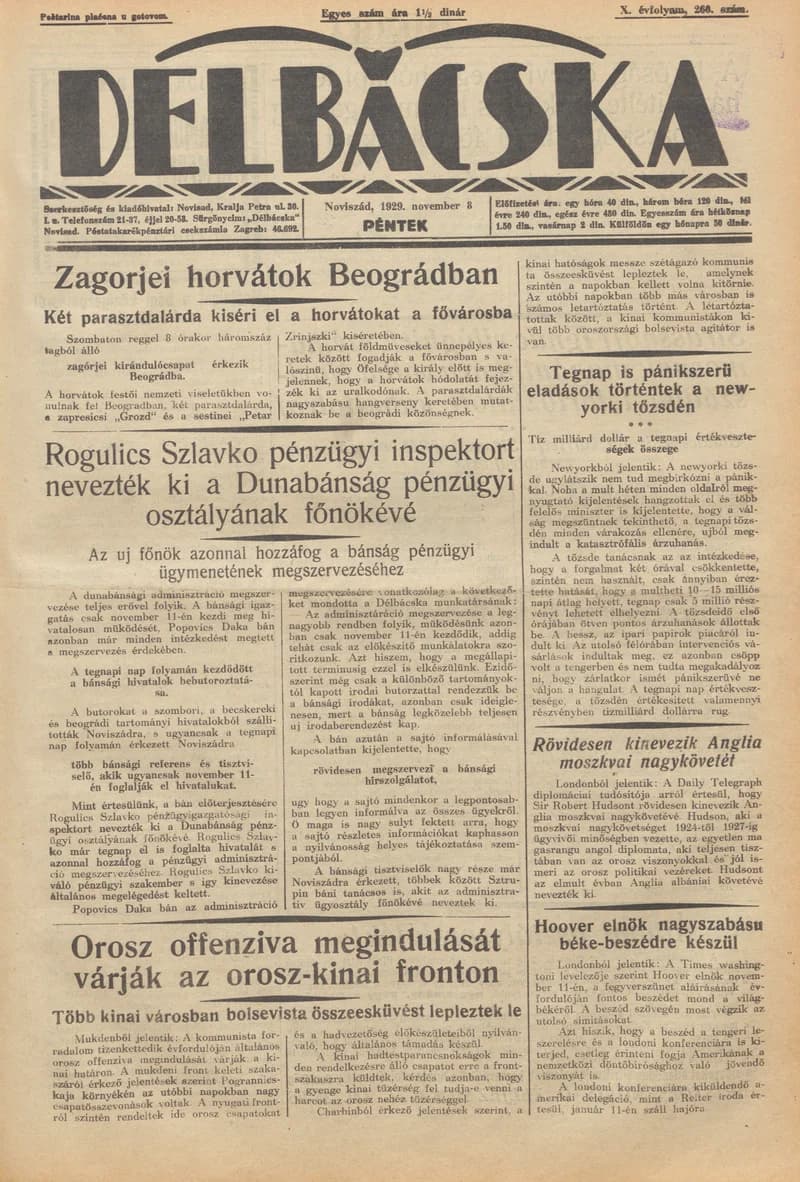 Délbácska, 10. évf. 1929. november 8. 260. sz.