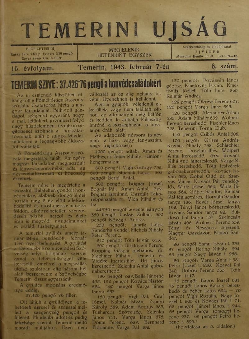 Temerini Újság 1928-1944, 16. évf. 1943. február 7. 6. sz.