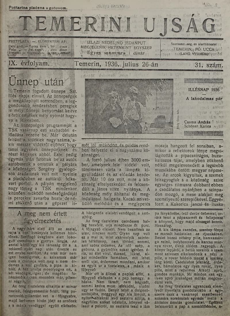 Temerini Újság 1928-1944, 9. évf. 1936. július 26. 31. sz.