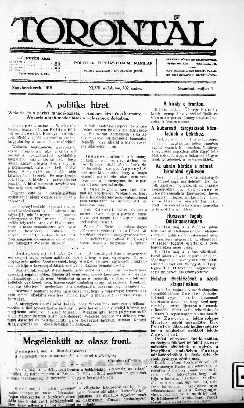 Torontál, 47. évf. 1918. május 4. 102. sz.