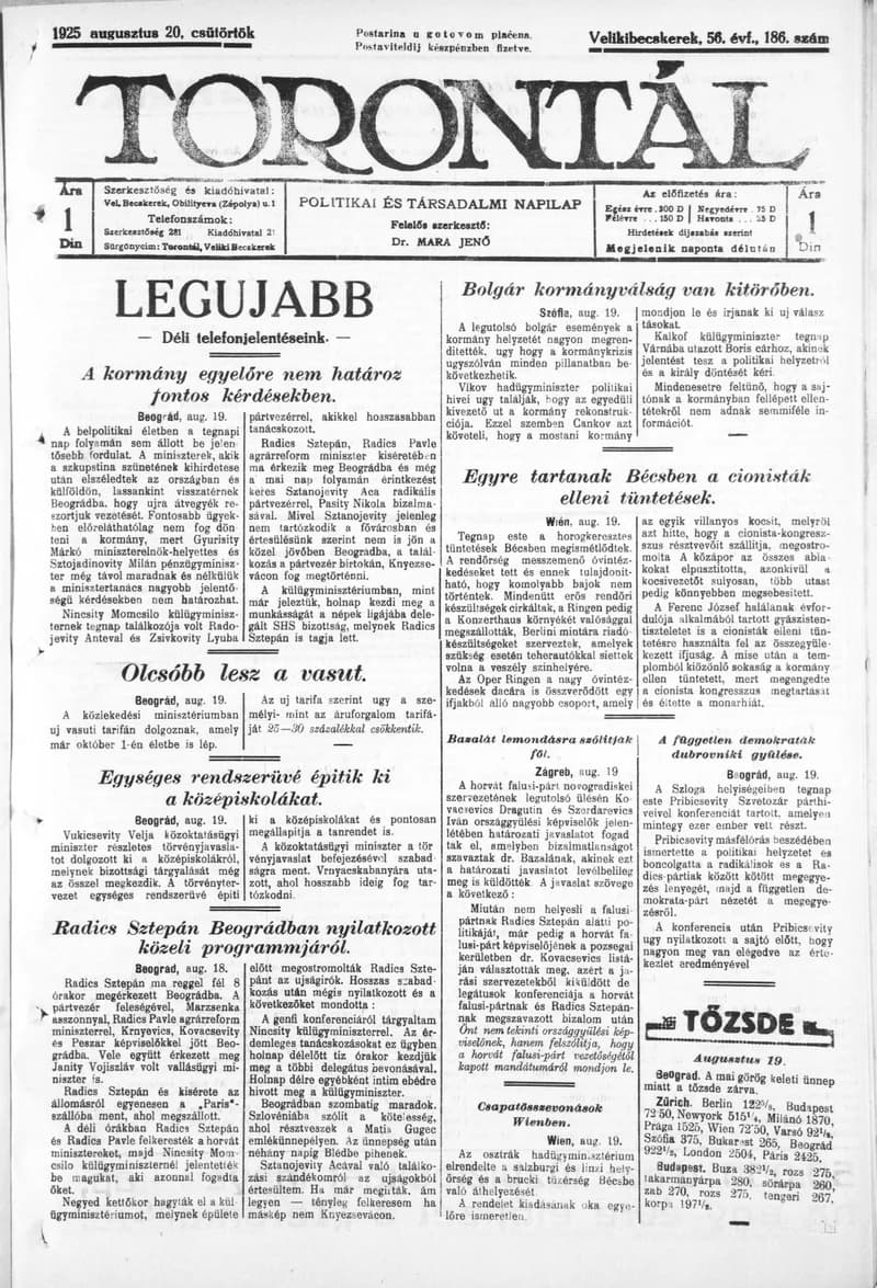Torontál, 54. évf. 1925. augusztus 20. 186. sz.