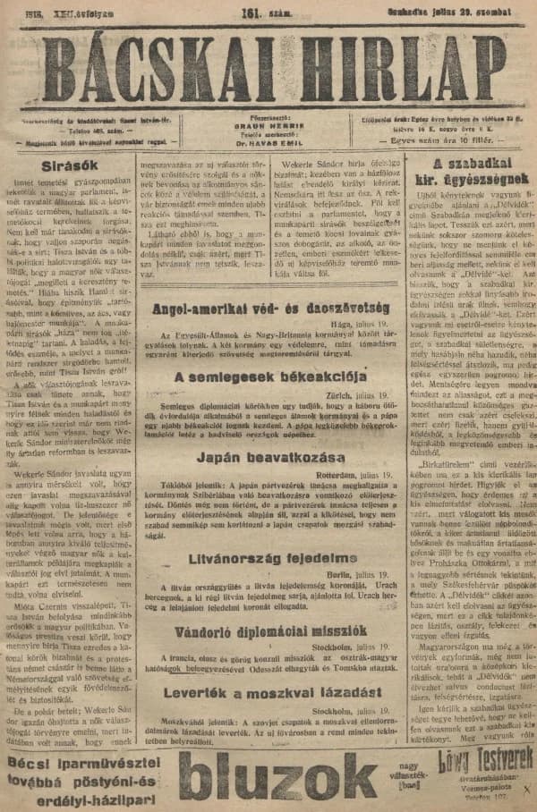 Bácskai Hirlap, 22. évf. 1918. július 20. 161. sz.