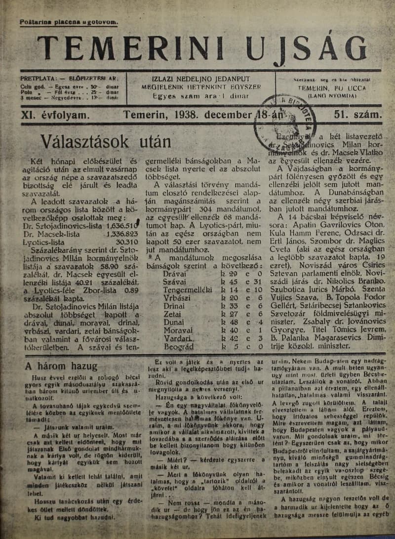 Temerini Újság 1928-1944, 11. évf. 1938. december 18. 51. sz.