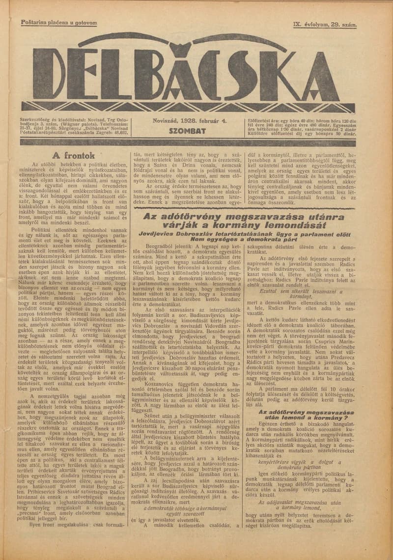 Délbácska, 9. évf. 1928. február 4. 29. sz.