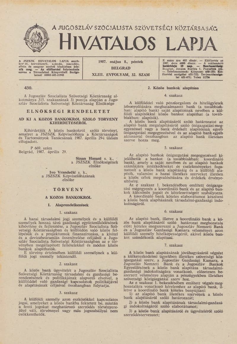 A Jugoszláv Szocialista Szövetségi Köztársaság Hivatalos Lapja, 43. évf. 1987. május 8. 32. sz. 805–848. oldal