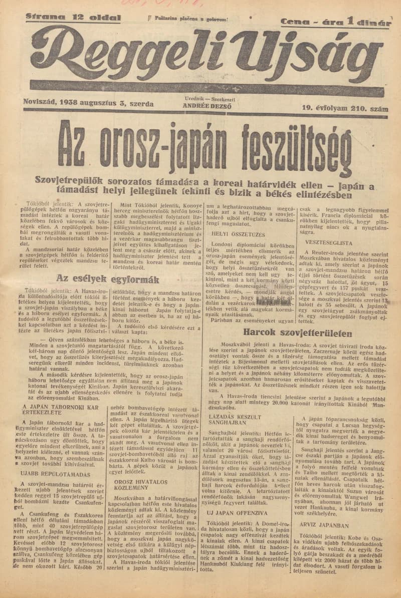 Reggeli Újság, 19. évf. 1938. augusztus 3. 210. sz.
