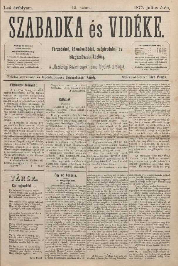 Szabadka és vidéke, 1. évf. 1877. július 5. 15. sz.