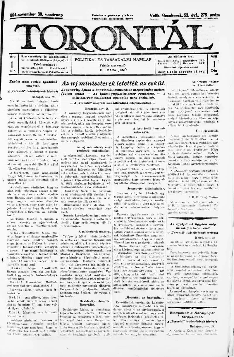 Torontál, 53. évf. 1924. november 30. 275. sz.