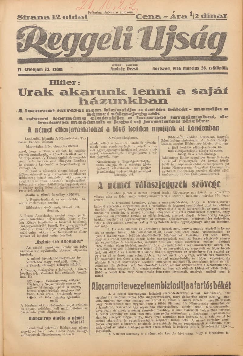 Reggeli Újság, 17. évf. 1936. március 26. 73. sz.