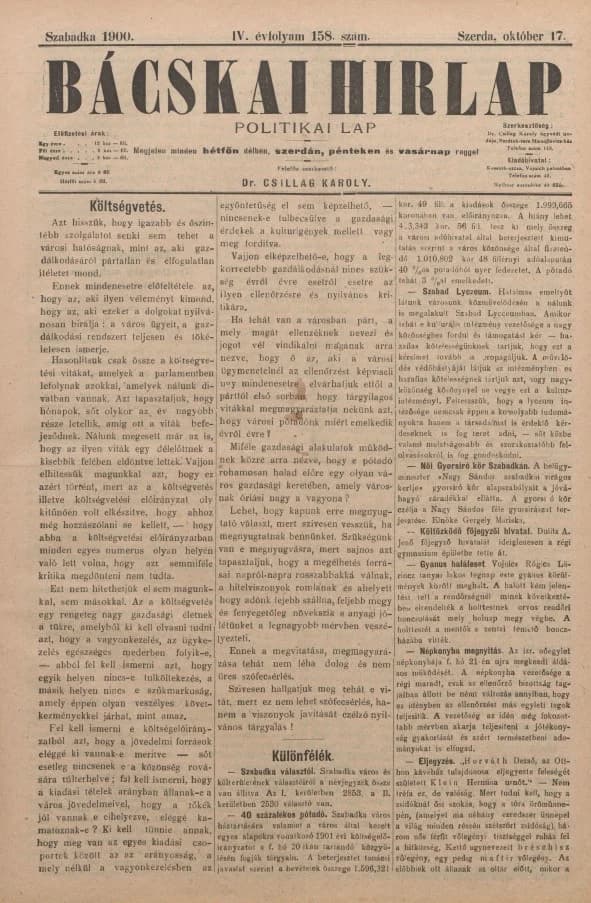 Bácskai Hirlap, 4. évf. 1900. október 17. 158. sz.