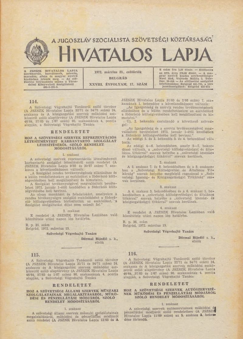 A Jugoszláv Szocialista Szövetségi Köztársaság Hivatalos Lapja, 28. évf. 1972. március 23. 17. sz. 353–364. oldal