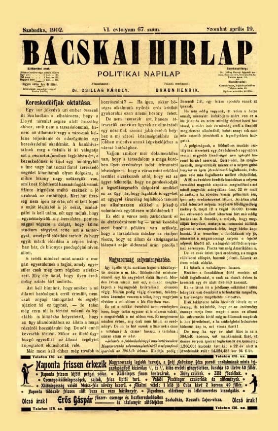 Bácskai Hirlap, 6. évf. 1902. április 19. 67. sz.
