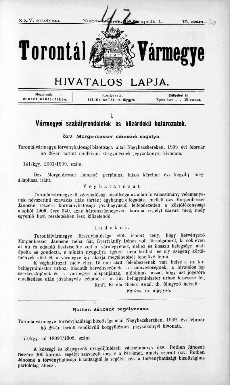 Torontál Vármegye Hivatalos Lapja, 25. évf. 1909. április 1. 15. sz.