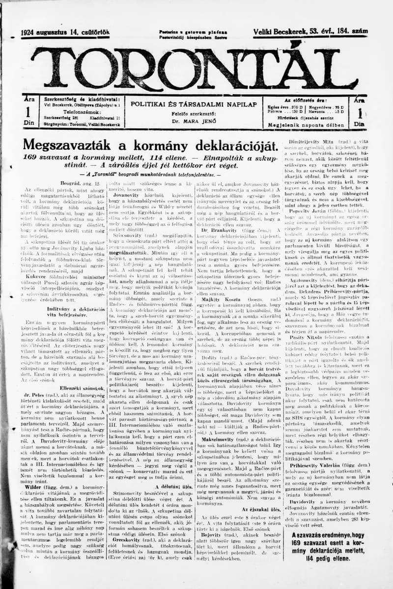 Torontál, 53. évf. 1924. augusztus 14. 184. sz.