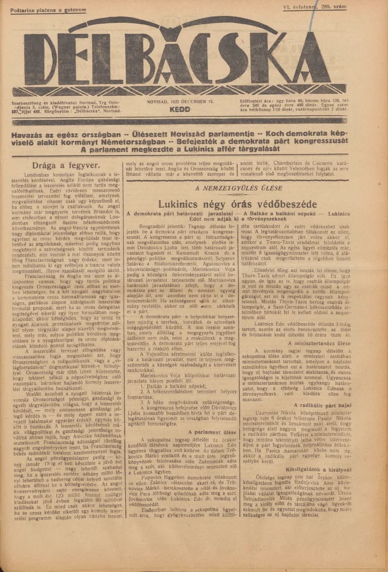 Délbácska, 6. évf. 1925. december 15. 289. sz.
