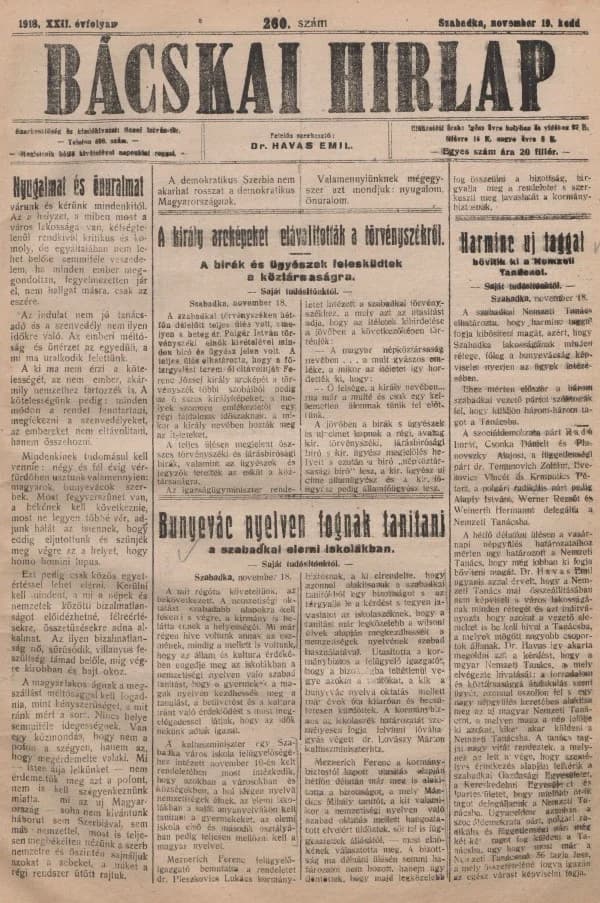 Bácskai Hirlap, 22. évf. 1918. november 19. 260. sz.