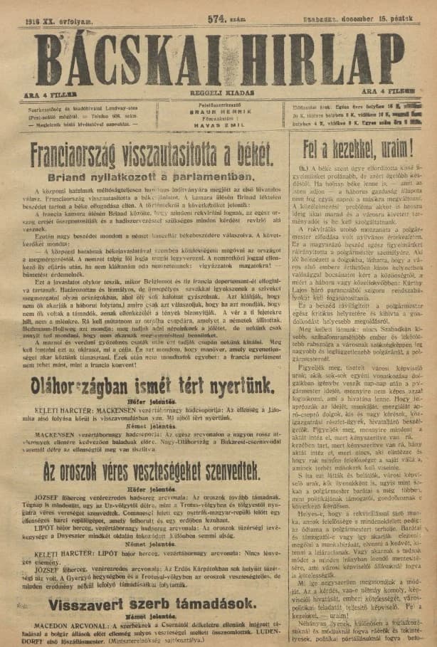 Bácskai Hirlap, 20. évf. 1916. december 15. 574. sz.