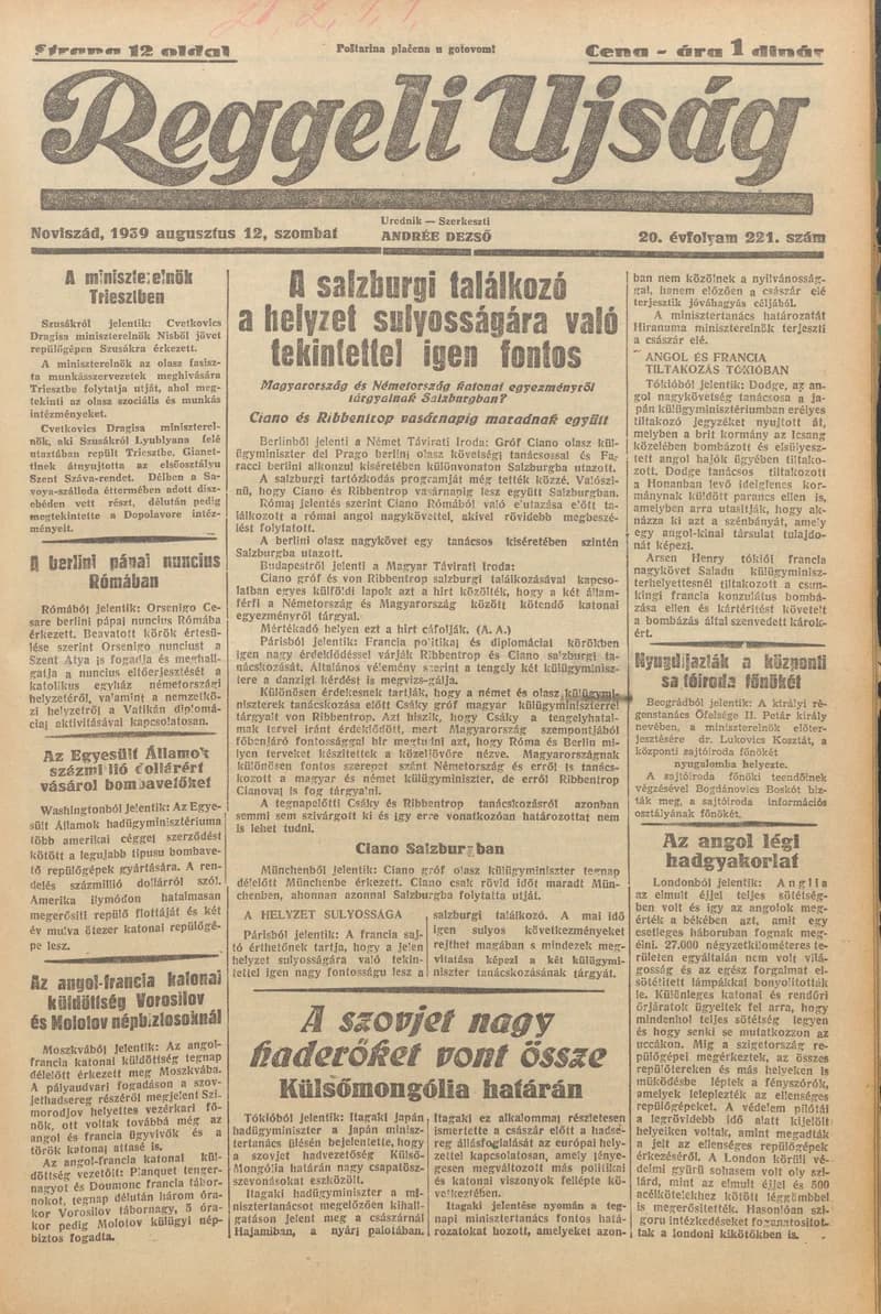 Reggeli Újság, 20. évf. 1939. augusztus 12. 221. sz.