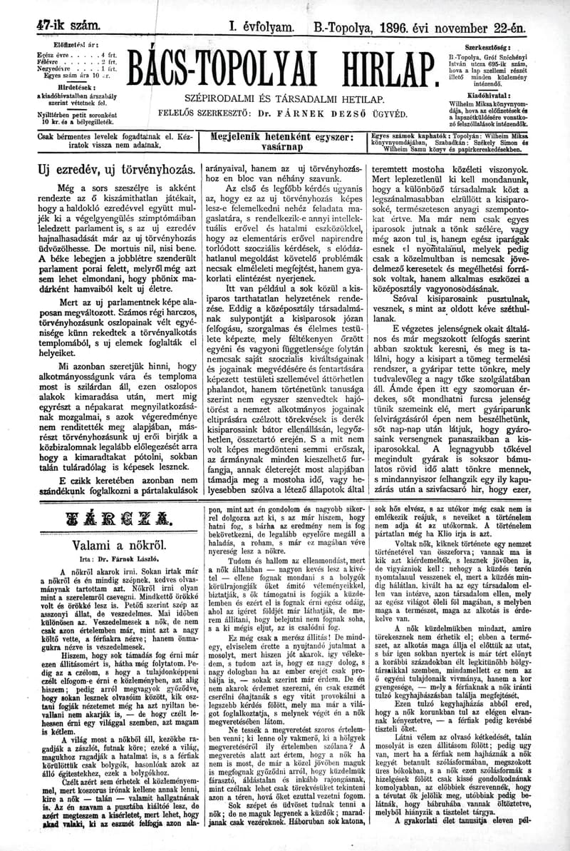 Bács-Topolyai Hirlap, 1. évf. 1896. november 22. 47. sz.