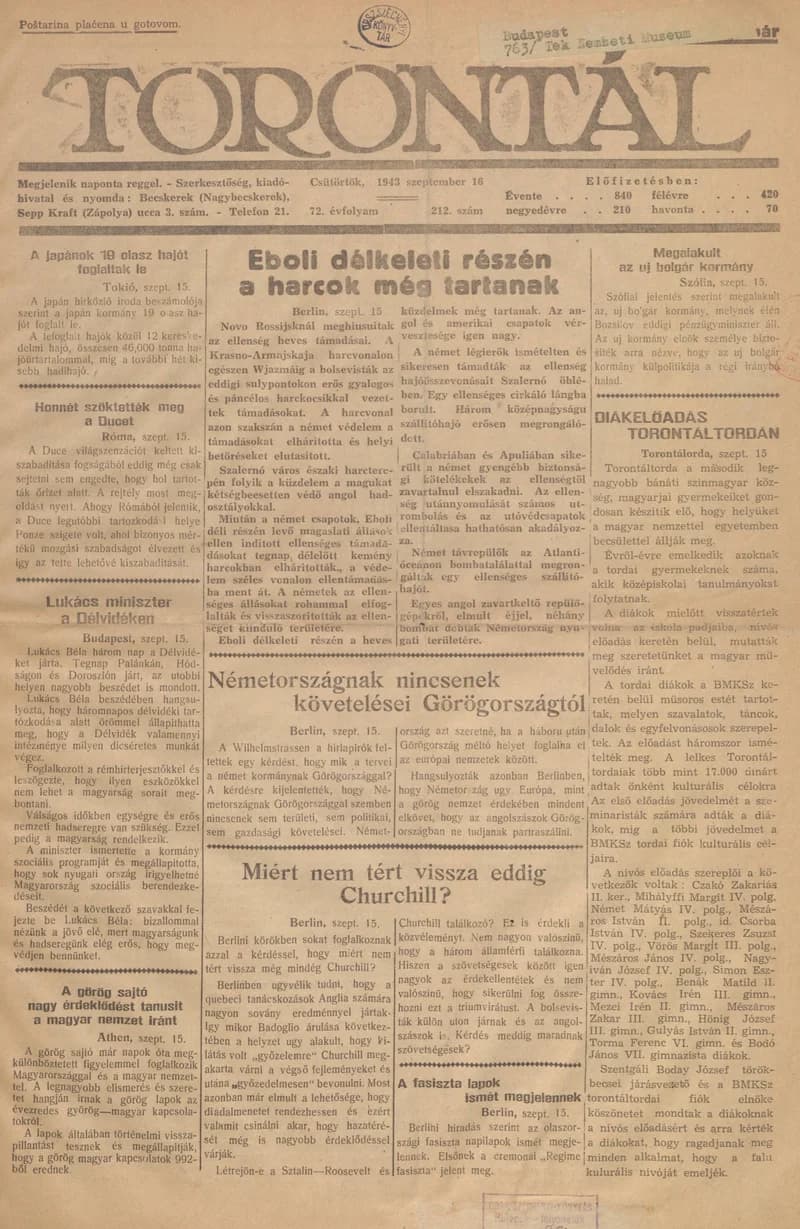 Torontál, 72. évf. 1943. szeptember 16. 212. sz.