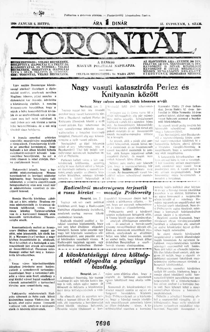 Torontál, 57. évf. 1928. január 2. 1. sz.