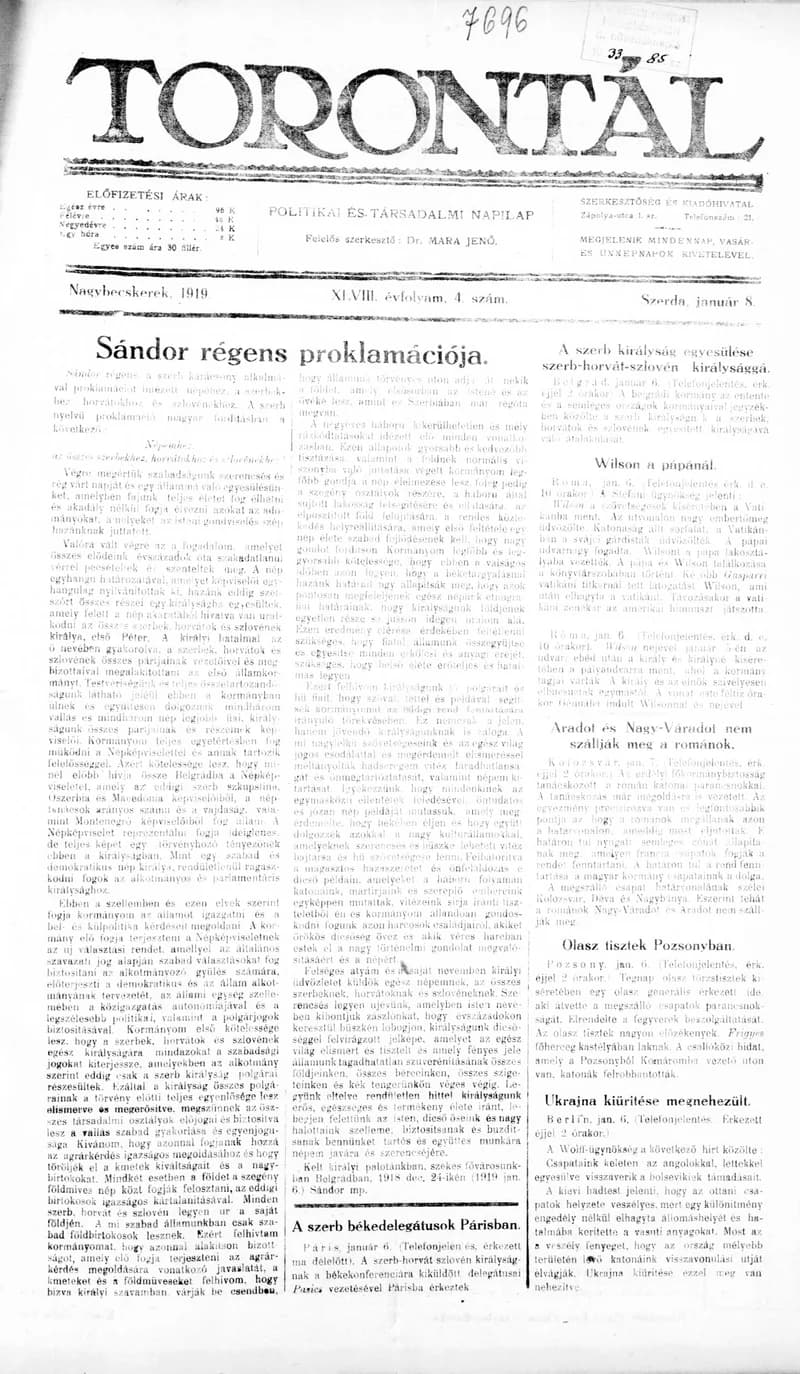 Torontál, 48. évf. 1919. január 8. 4. sz.