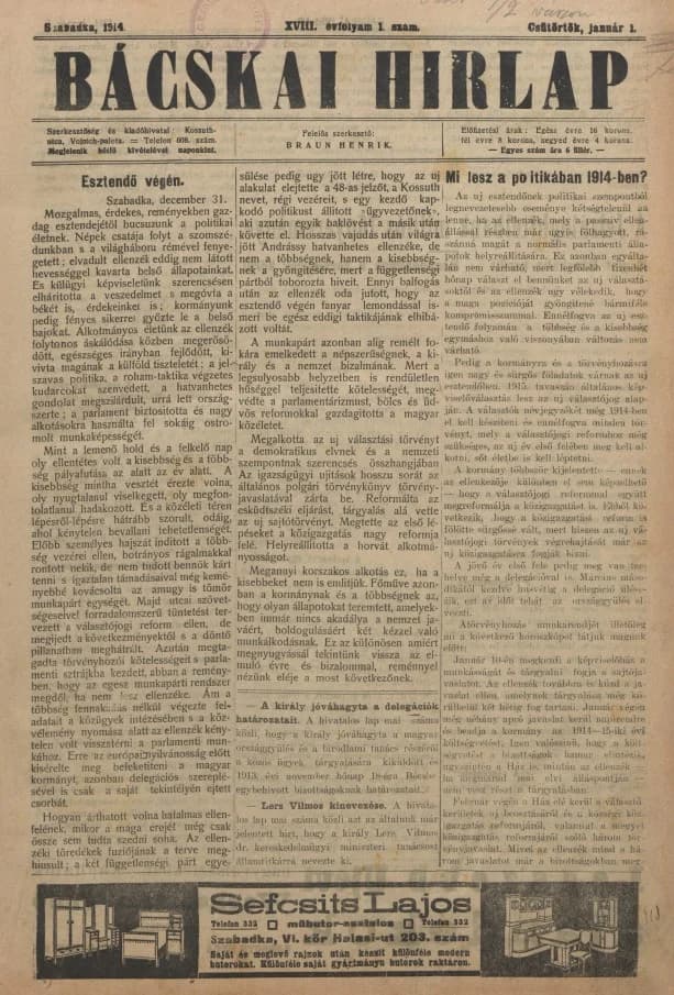 Bácskai Hirlap, 18. évf. 1914. január 1. 1. sz.