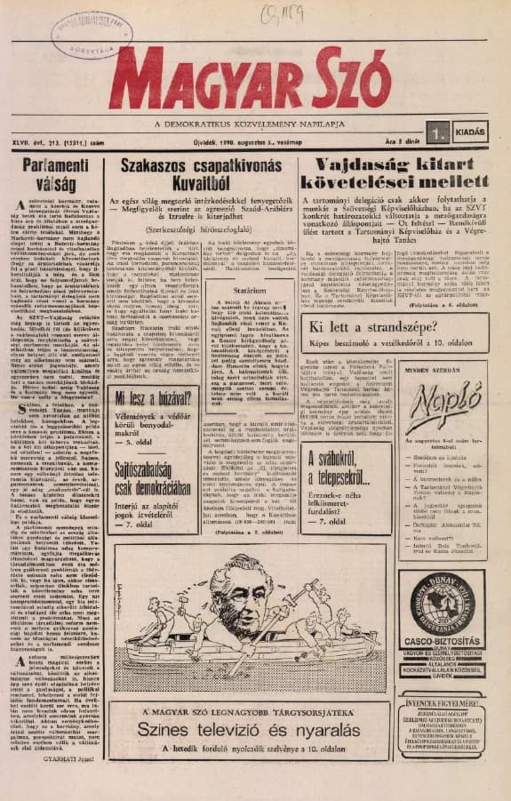 Magyar Szó, 47. évf. 1990. augusztus 5. 213. sz. 1–28. oldal