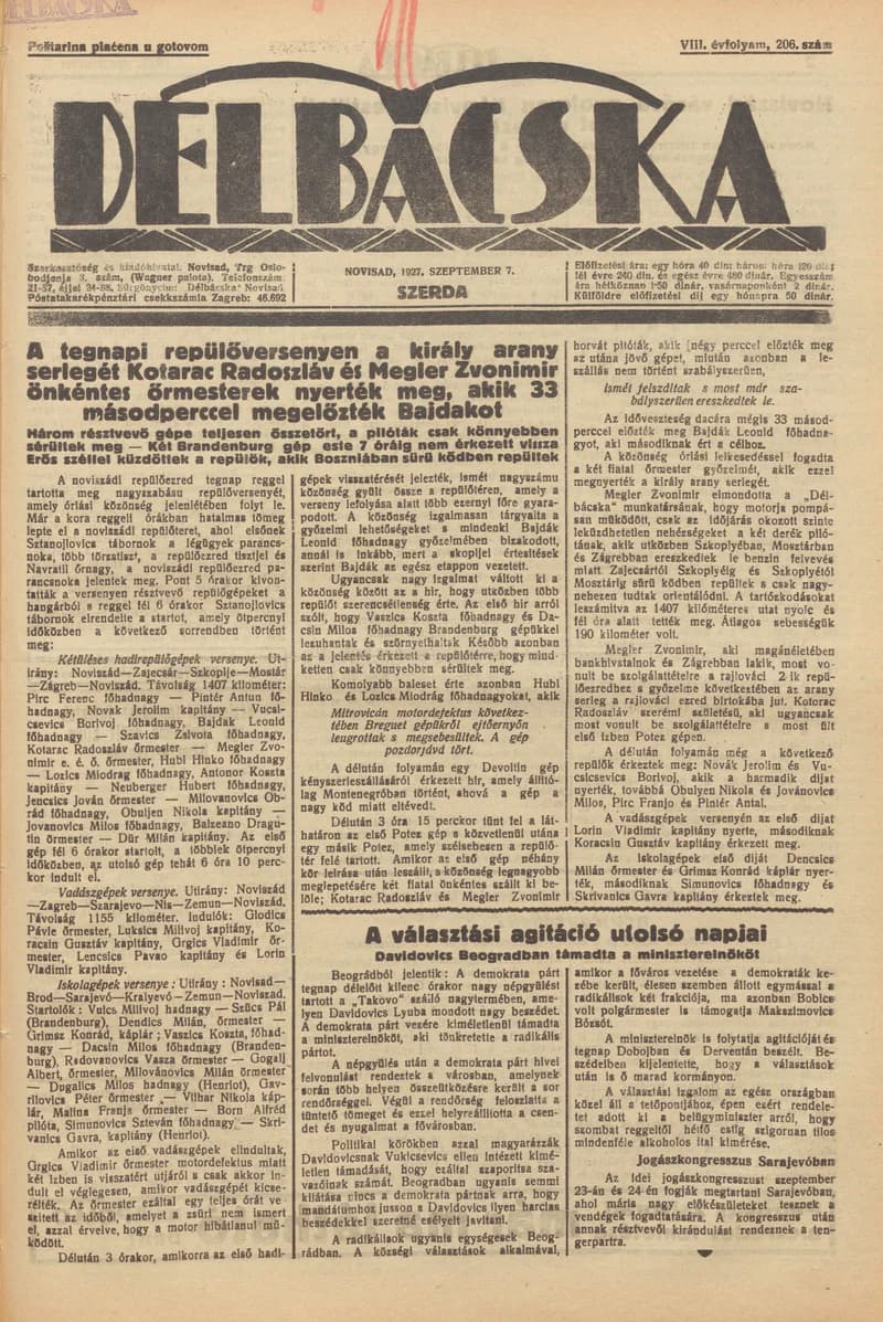 Délbácska, 8. évf. 1927. szeptember 7. 206. sz.