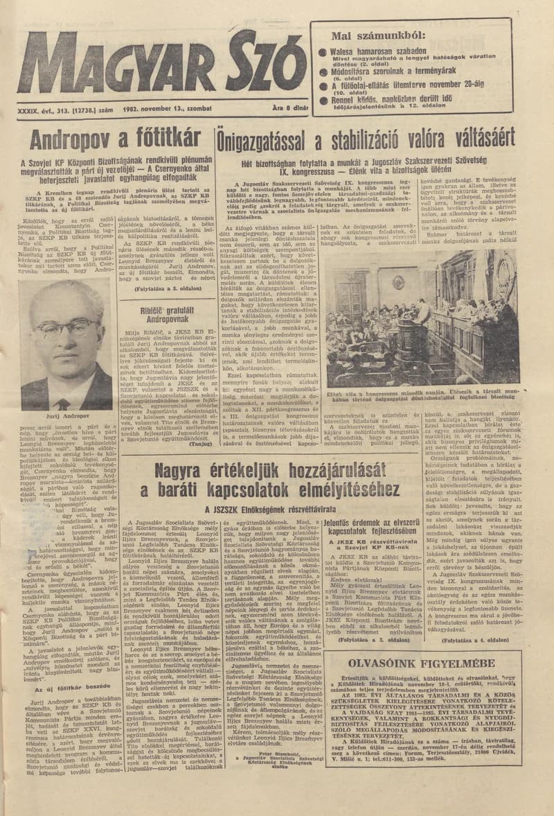 Magyar Szó, 39. évf. 1982. november 13. 313. sz. 1–20. oldal