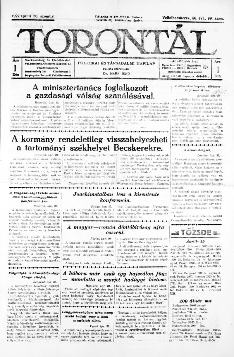 Torontál, 56. évf. 1927. április 30. 99. sz.