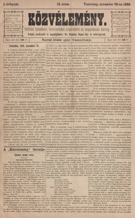 Közvélemény, 1. évf. 1886. november 28. 13. sz.