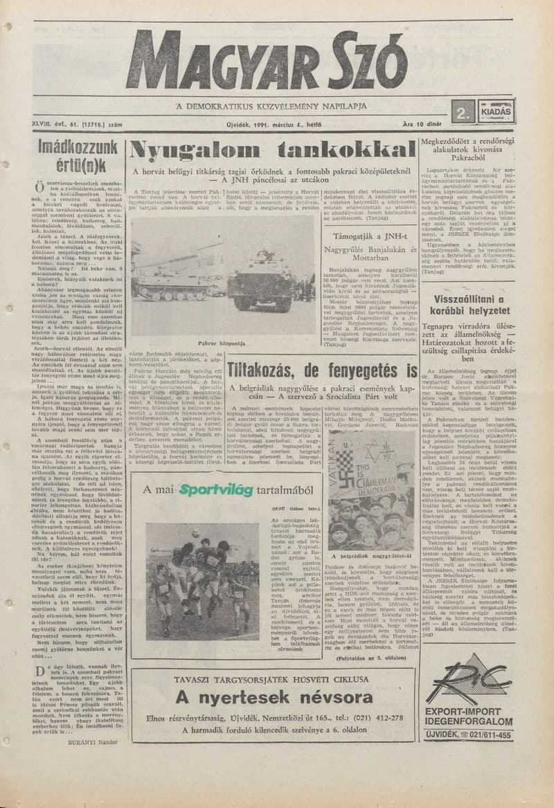 Magyar Szó, 48. évf. 1991. március 4. 61. sz. 1–20. oldal