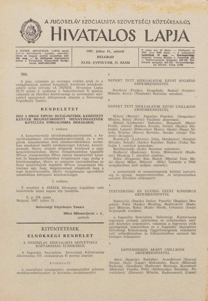 A Jugoszláv Szocialista Szövetségi Köztársaság Hivatalos Lapja, 43. évf. 1987. július 31. 51. sz. 1285–1288. oldal