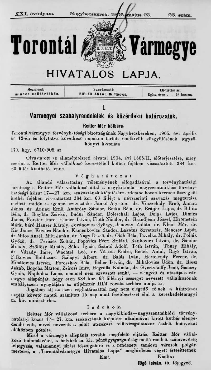 Torontál Vármegye Hivatalos Lapja, 21. évf. 1905. május 25. 26. sz.