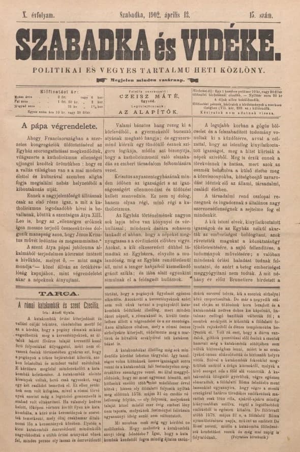Szabadka és vidéke II, 10. évf. 1902. április 13. 15. sz.