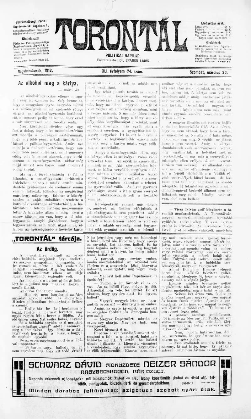 Torontál, 41. évf. 1912. március 30. 74. sz.