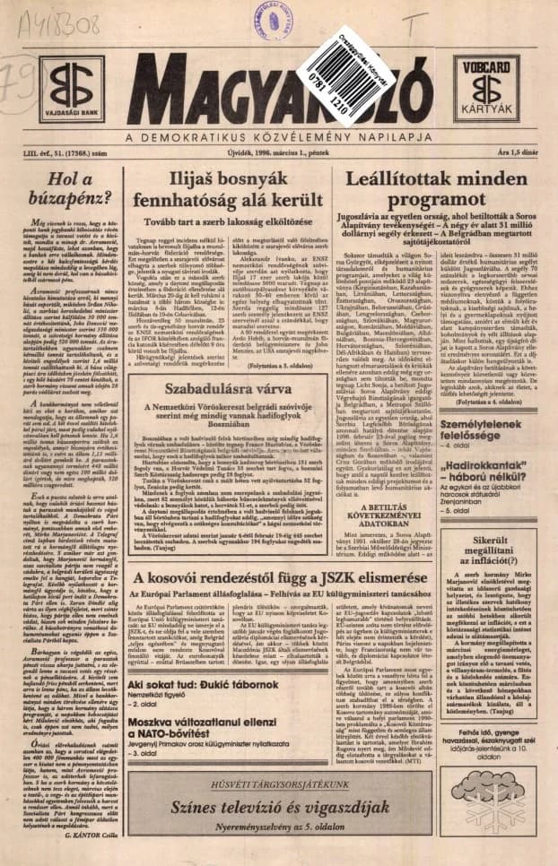 Magyar Szó, 53. évf. 1996. március 1. 51. sz. 1–16. oldal
