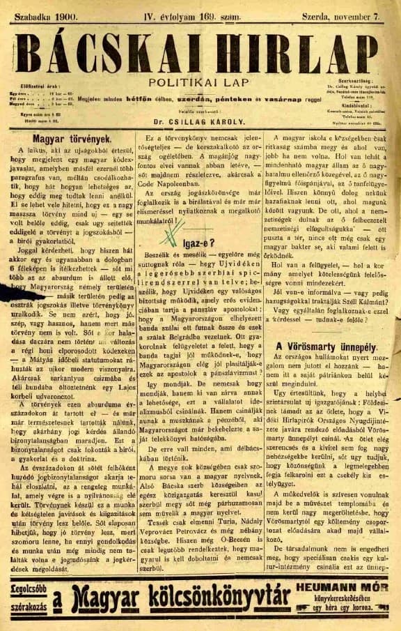 Bácskai Hirlap, 4. évf. 1900. november 7. 169. sz.