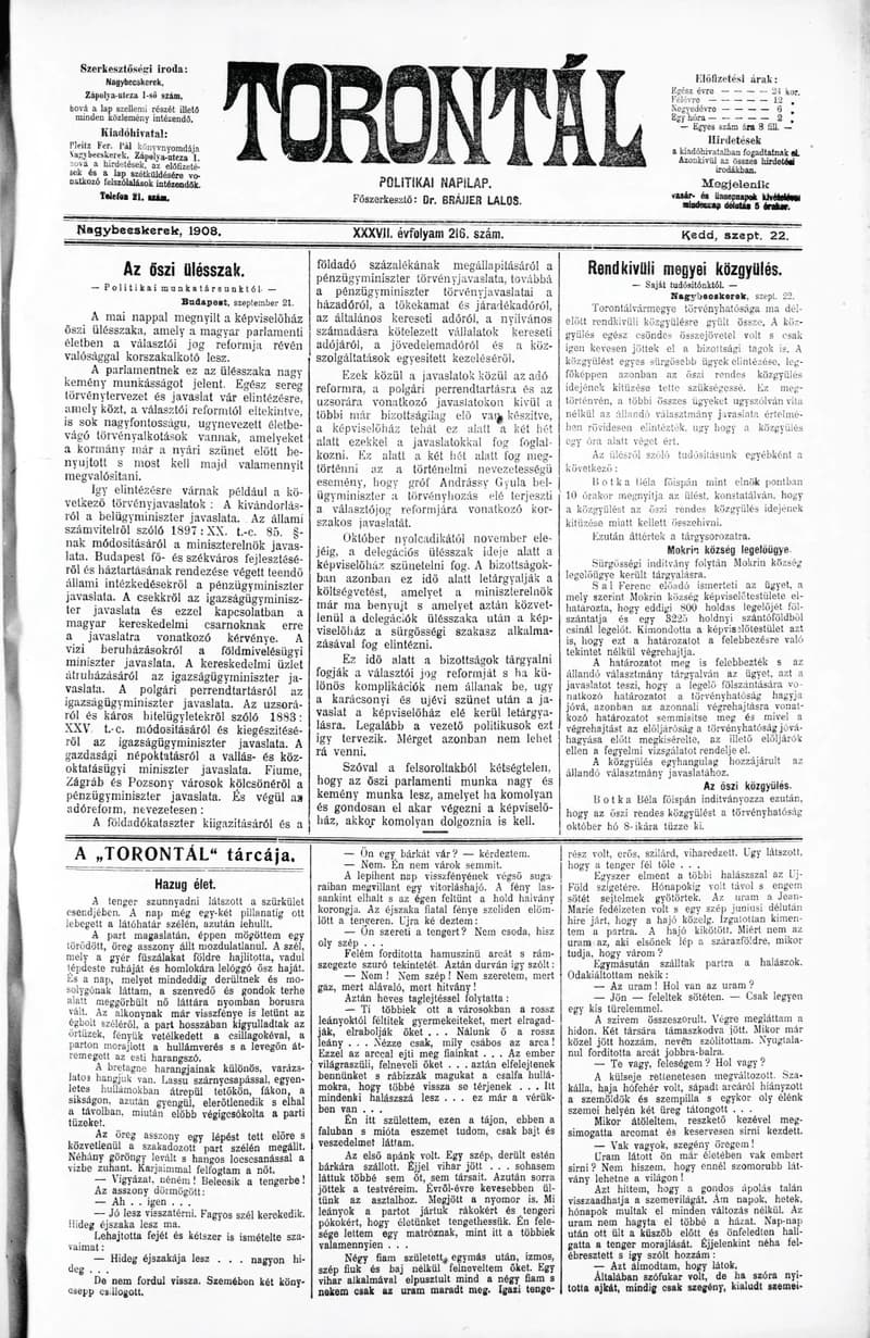 Torontál, 37. évf. 1908. szeptember 22. 216. sz.