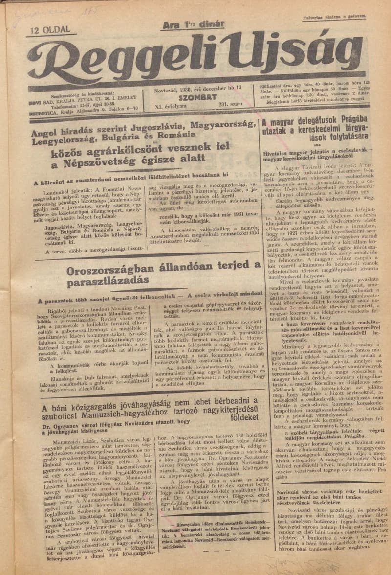 Reggeli Újság, 11. évf. 1930. december 13. 291. sz.
