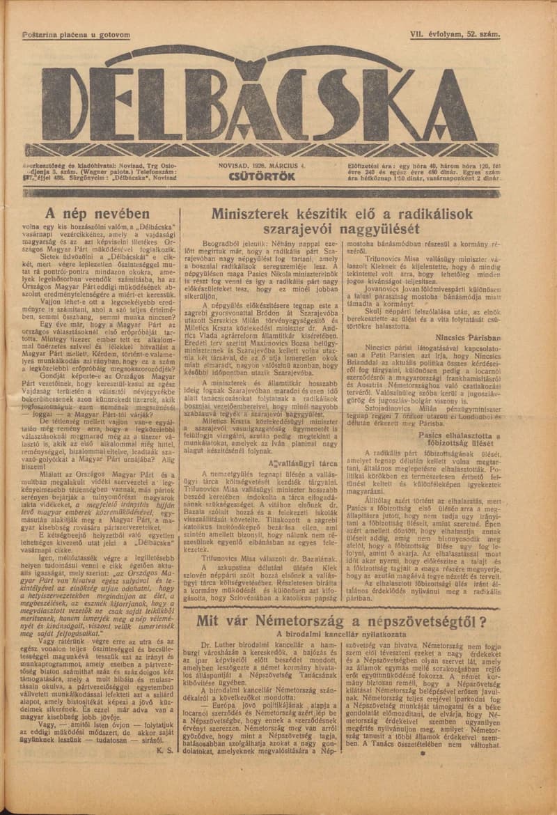 Délbácska, 7. évf. 1926. március 4. 52. sz.