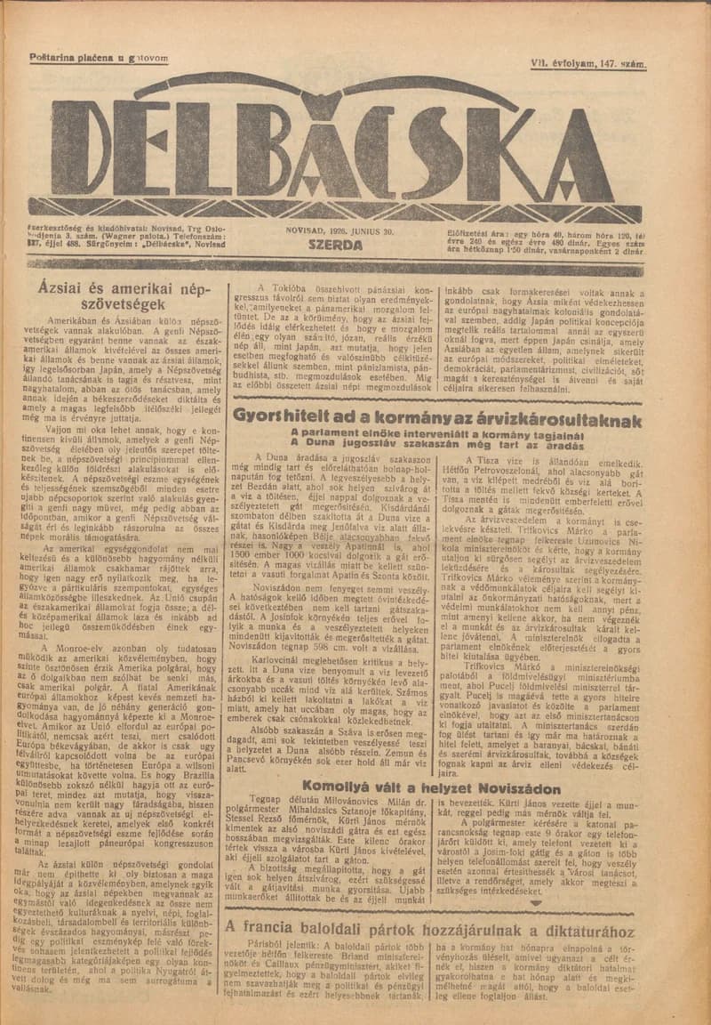Délbácska, 7. évf. 1926. június 30. 147. sz.