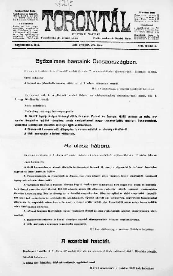 Torontál, 44. évf. 1915. október 5. 227. sz.