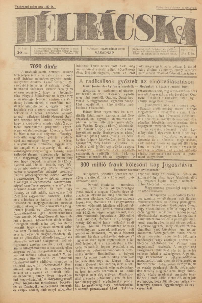 Délbácska, 4. évf. 1923. október 21. 243. sz.