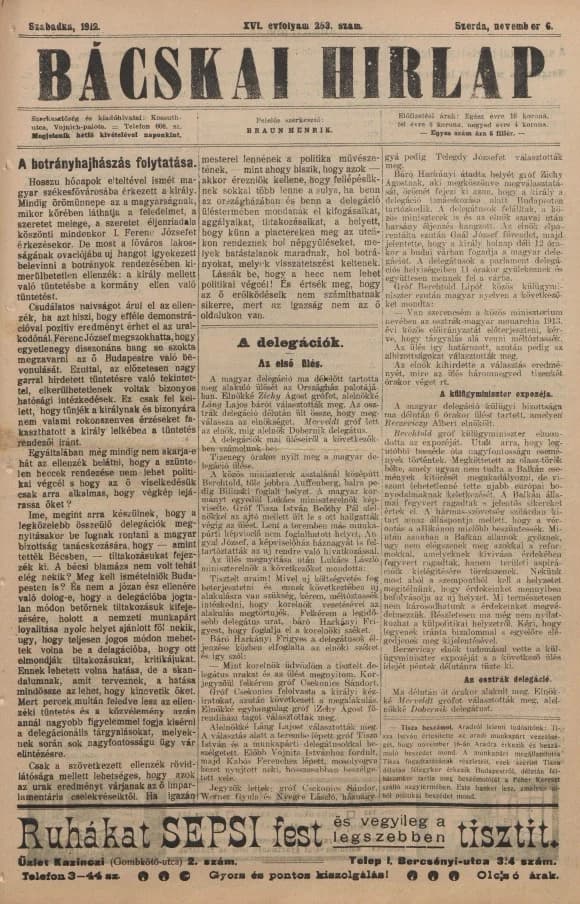 Bácskai Hirlap, 16. évf. 1912. november 6. 253. sz.
