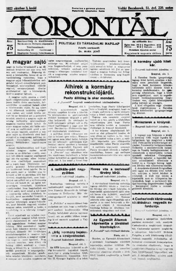 Torontál, 51. évf. 1922. október 3. 220. sz.